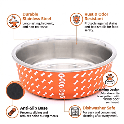 BWB Stainless Steel Printed Pet Bowl with Anti-Skid Rubber Base for Dogs and Cats – Durable Food & Water Dish - Brown with Bone Pattern, Orange (750 ml)- Medium