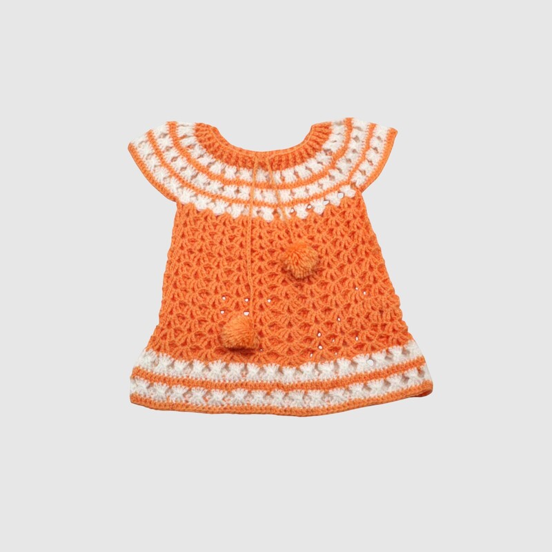 (2-3 Years) Kids Handknitted Orange and White Crochet Frock Sweater