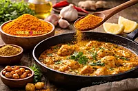 Organic turmeric powder being added to chicken curry for cooking by Worth2Deal