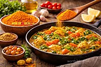 Organic turmeric powder being added to vegetable curry for cooking by Worth2Deal