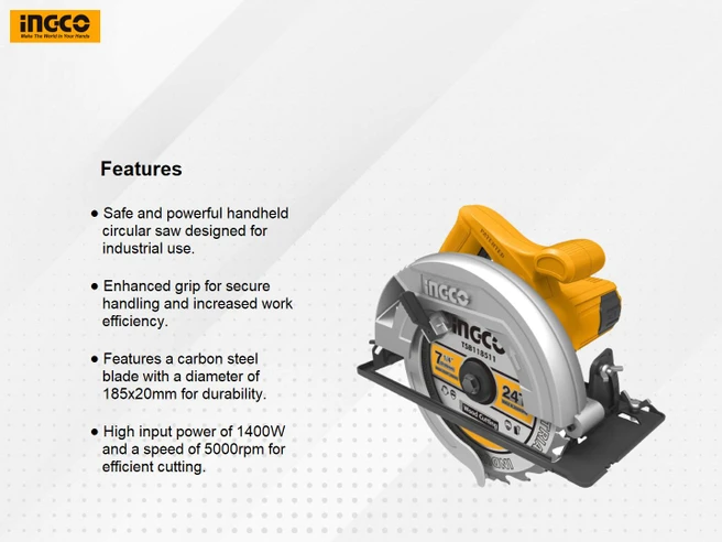 INGCO Circular Saw CS18538 (1400W, Blade Diameter:185x20mm) INGCO Circular Saw CS18538 (1400W, Blade Diameter:185x20mm)
