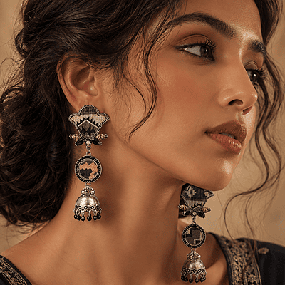 Taarika Asymmetric Textile Oxidised Jhumka Earrings