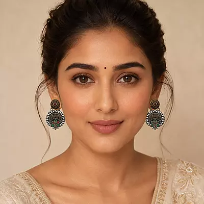Saanvika Green and Red Stone Oxidised Medallion Earrings