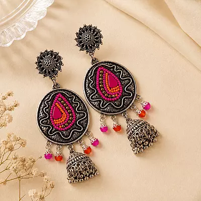 Rangrekha Magenta and Orange Beaded Oxidised Jhumka Earrings