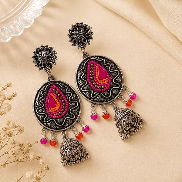 Rangrekha Magenta and Orange Beaded Oxidised Jhumka Earrings