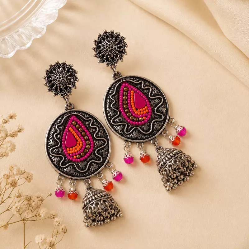 Rangrekha Magenta and Orange Beaded Oxidised Jhumka Earrings