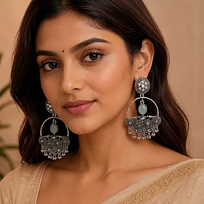 Meher Sage Green Bird Motif Oxidised Chandbali Earrings