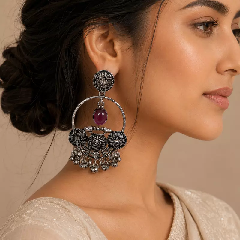 Gulnaar Magenta Stone Bird Motif Oxidised Chandbali Earrings