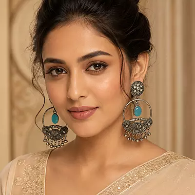 Firoza Aqua Stone Bird Motif Oxidised Chandbali Earrings