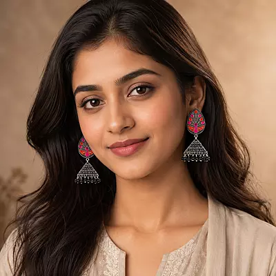 Rangrez Peacock Enamel Oxidised Jhumka Earrings