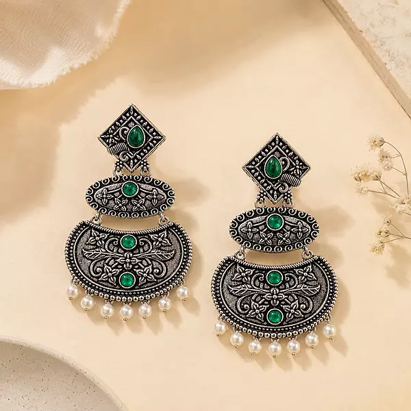 Mrinalika Green Stone Pearl Oxidised Chandbali Earrings