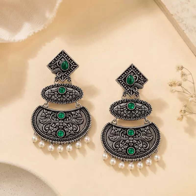 Mrinalika Green Stone Pearl Oxidised Chandbali Earrings