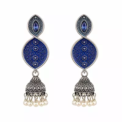 Neelvaani Cobalt Enamel Oxidised Jhumka Earrings