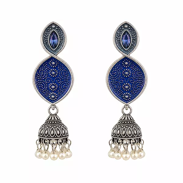 Neelvaani Cobalt Enamel Oxidised Jhumka Earrings