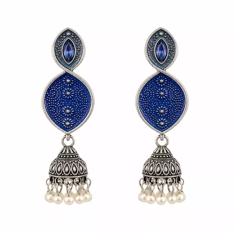 Neelvaani Cobalt Enamel Oxidised Jhumka Earrings