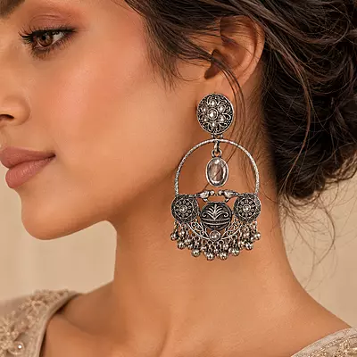 Afsana Oxidised Silver Bird Motif Chandbali Earrings