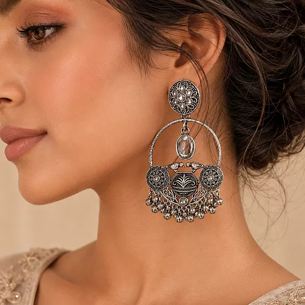 Afsana Oxidised Silver Bird Motif Chandbali Earrings