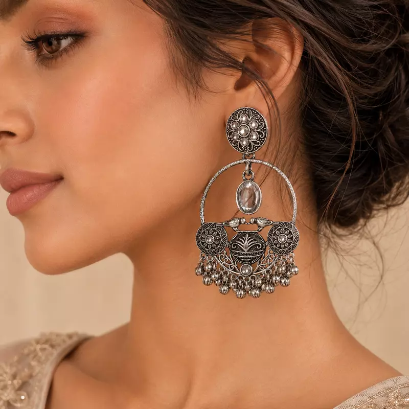 Afsana Oxidised Silver Bird Motif Chandbali Earrings