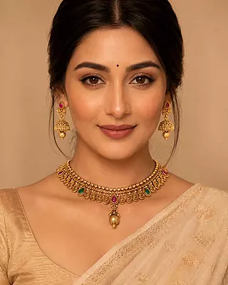 Aarini Antique Gold Paisley Necklace Set with Jhumka Earrings