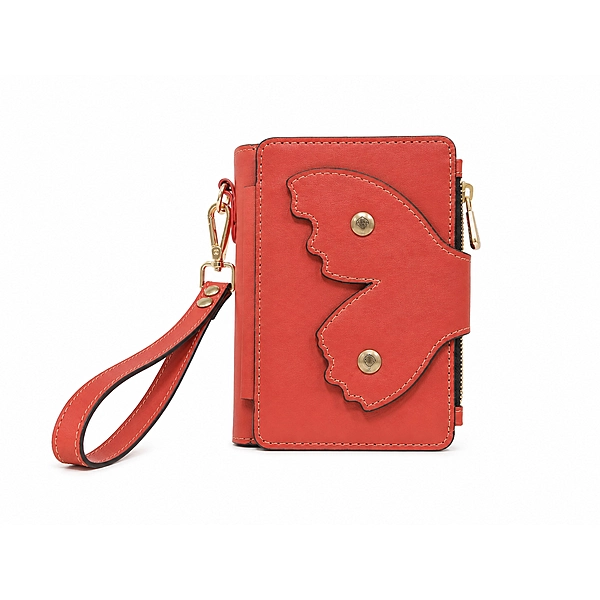 The Papillon Leather Passport Wallet – Butterfly Flap Travel Wristlet (Coral Red)
