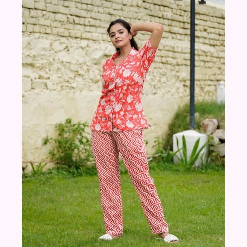 parijaths floral red night suit set cotton