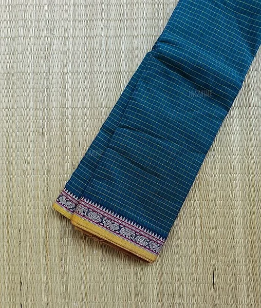 Peacock blue checks saree with elephant and peacock border motifs