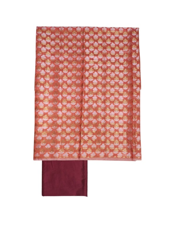 Peach & Maroon Unstitched Banarasi Cotton Silk Dress Material with Dupatta for Women
