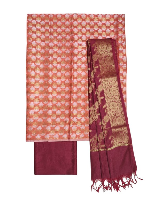 Peach & Maroon Unstitched Banarasi Cotton Silk Dress Material with Dupatta for Women