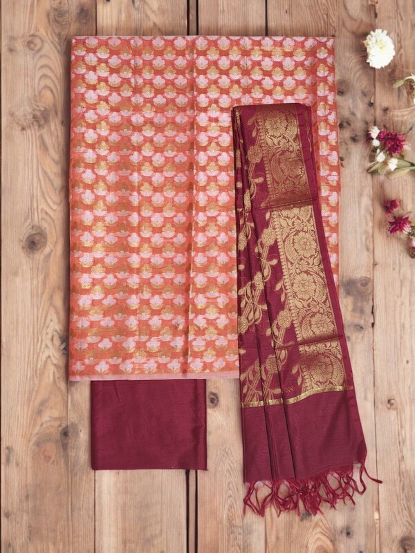Peach & Maroon Unstitched Banarasi Cotton Silk Dress Material with Dupatta for Women