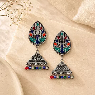 Neelmayur Multicolour Enamel Oxidised Jhumka Earrings