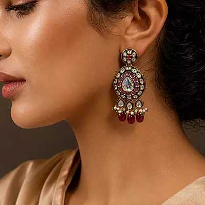 Kundan Raaga Mirror Stone Red Bead Drop Earrings