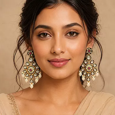 Kundan Aabha Mirror Stone Pearl Dangler Earrings