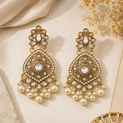 Mrinalika Pearl and Clear Stone Gold-Tone Teardrop Earrings