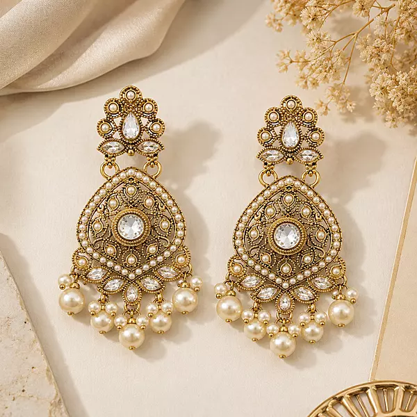 Mrinalika Pearl and Clear Stone Gold-Tone Teardrop Earrings