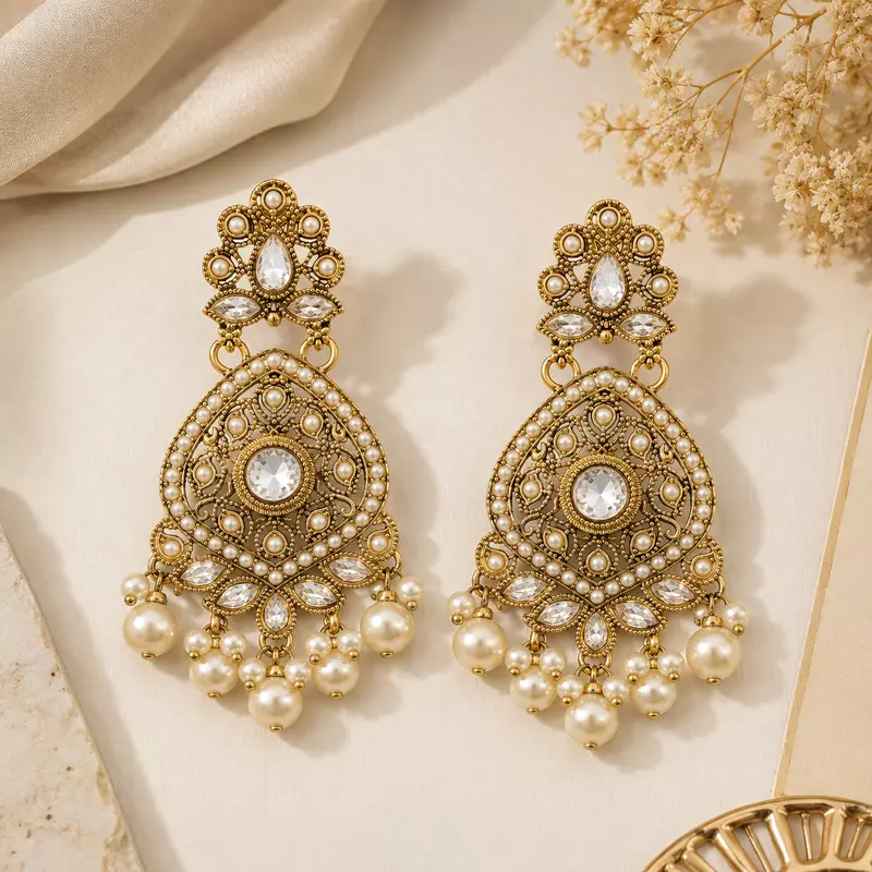 Mrinalika Pearl and Clear Stone Gold-Tone Teardrop Earrings