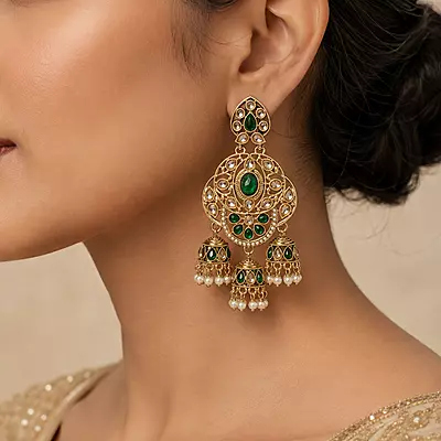 Harivalli Green Stone Triple Jhumka Earrings