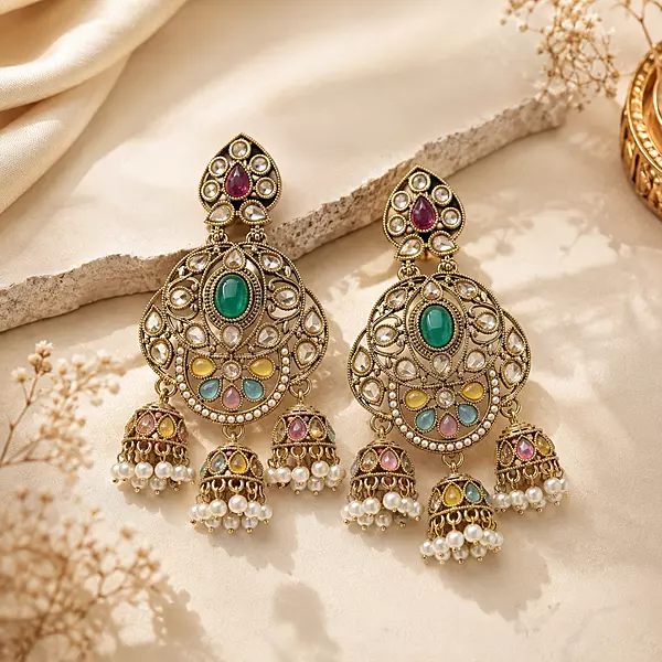 Mehrisa Green and Pastel Stone Triple Jhumka Earrings