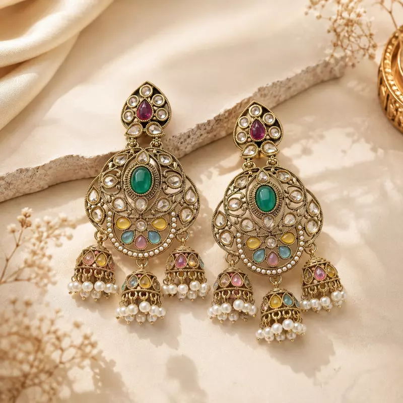 Mehrisa Green and Pastel Stone Triple Jhumka Earrings