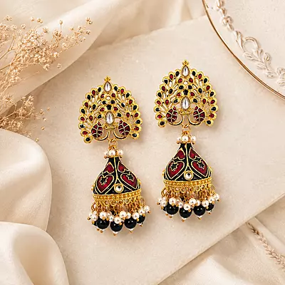 Mayura Ruby Black Enamel Peacock Jhumka Earrings