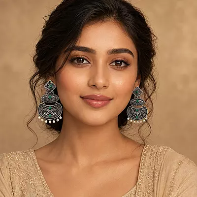 Mrinalika Green Stone Pearl Oxidised Chandbali Earrings
