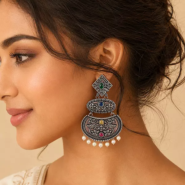 Varnika Multicolour Stone Pearl Oxidised Chandbali Earrings