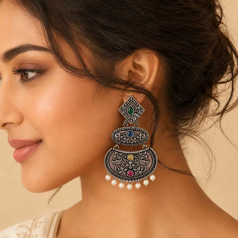 Varnika Multicolour Stone Pearl Oxidised Chandbali Earrings
