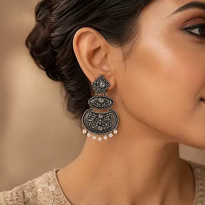 Taralika Clear Stone Pearl Oxidised Chandbali Earrings