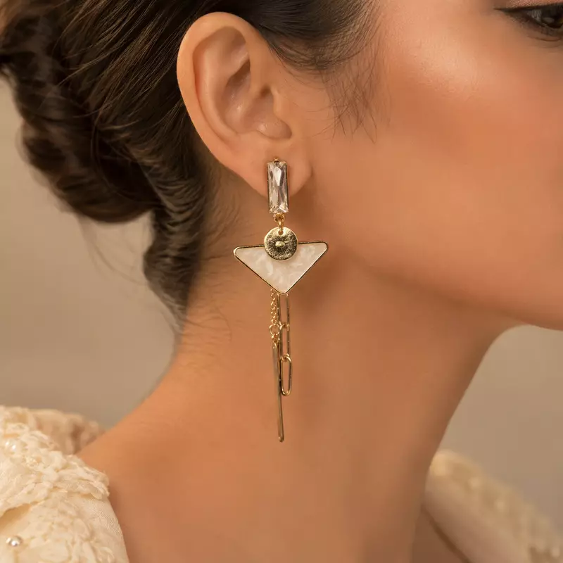 Celestia Pearl Triangle Crystal Gold-Tone Drop Earrings