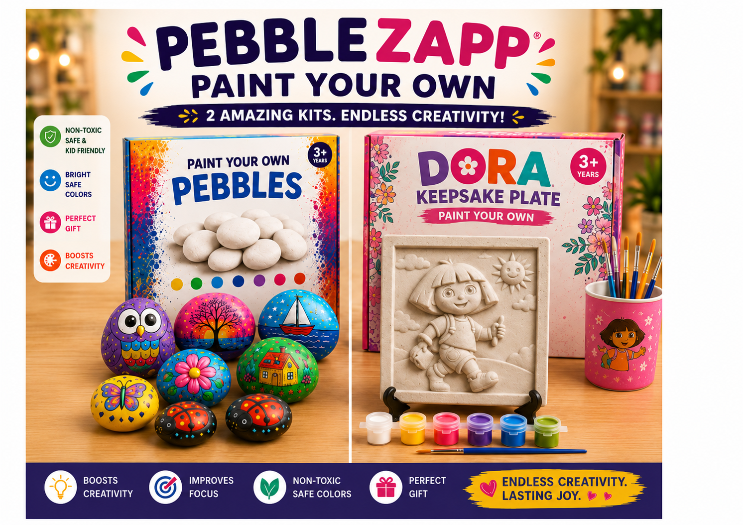 Reusable PebbleZapp Dora Keepsake Plate & DIY Pebble Painting Kit