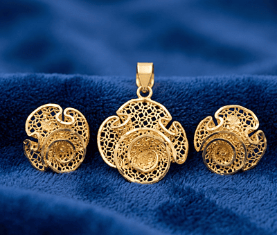 18 kt Gold Gilded Vortex Filigree Pendant Set