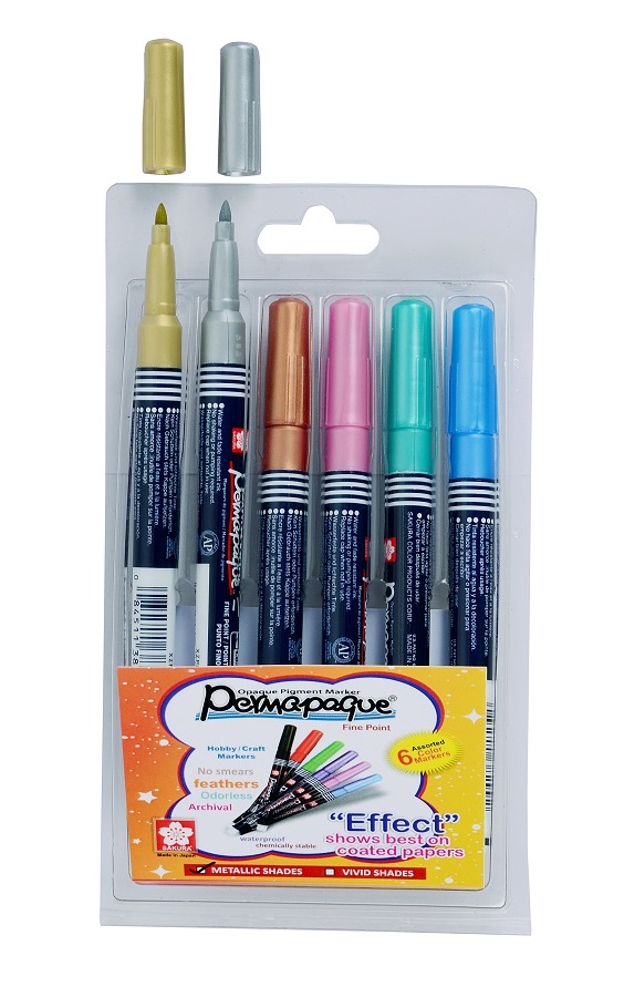 SAKURA PERMAPAQUE OPAQUE PIGMENT MARKERS, SET OF 6 ASSORTED METALLIC COLORS SAKURA PERMAPAQUE OPAQUE PIGMENT MARKERS, SET OF 6 ASSORTED METALLIC COLORS