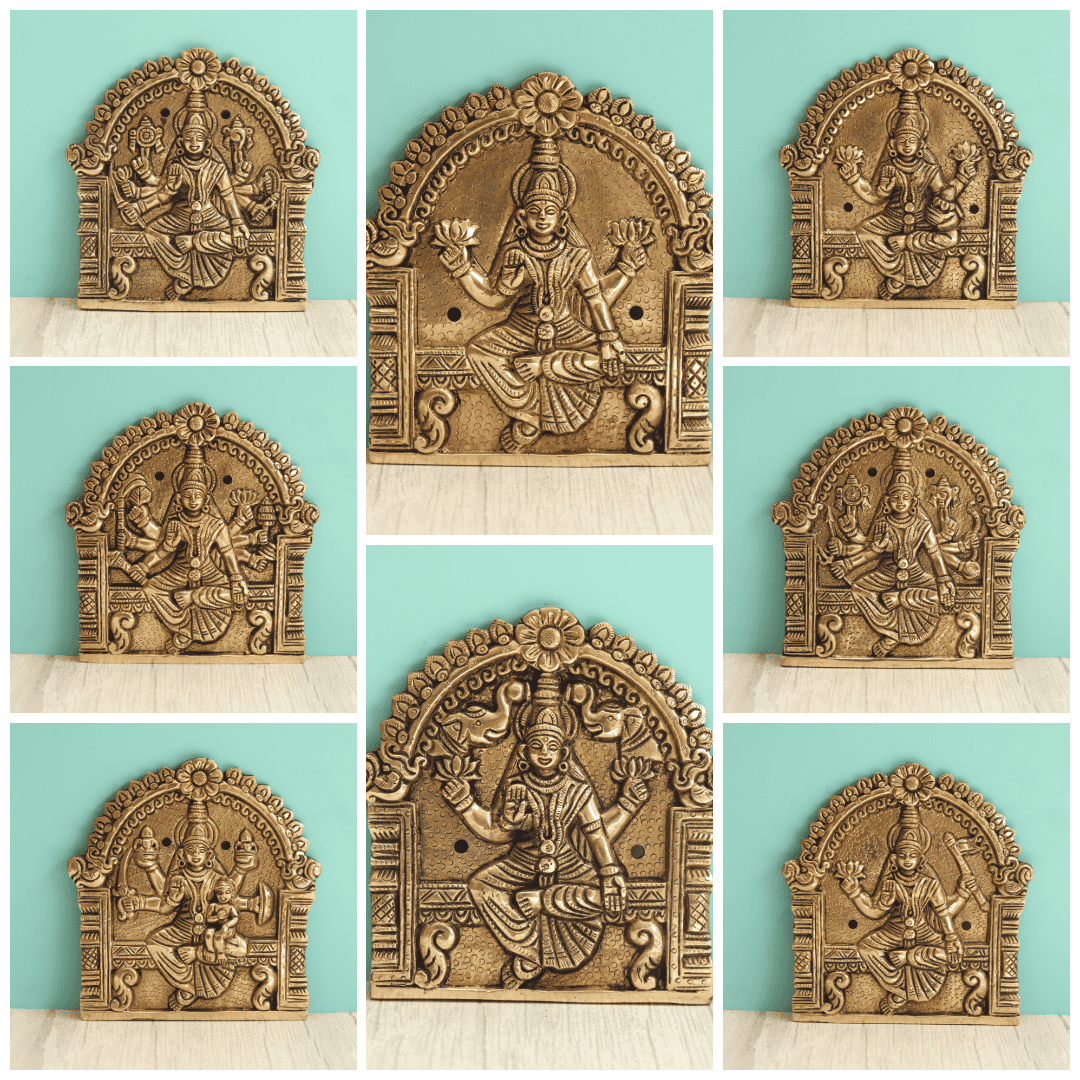 Brass Ashtalakshmi Engraved Wall Plates Set of 8 Pcs - 6 Inch Height