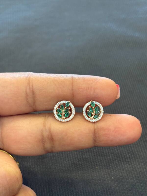silver round green  leaf  stud with rosegold finish