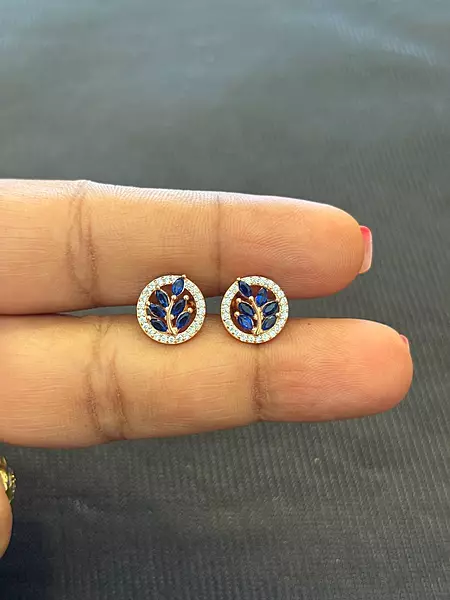 silver round blue leaf stud with rosegold finish
